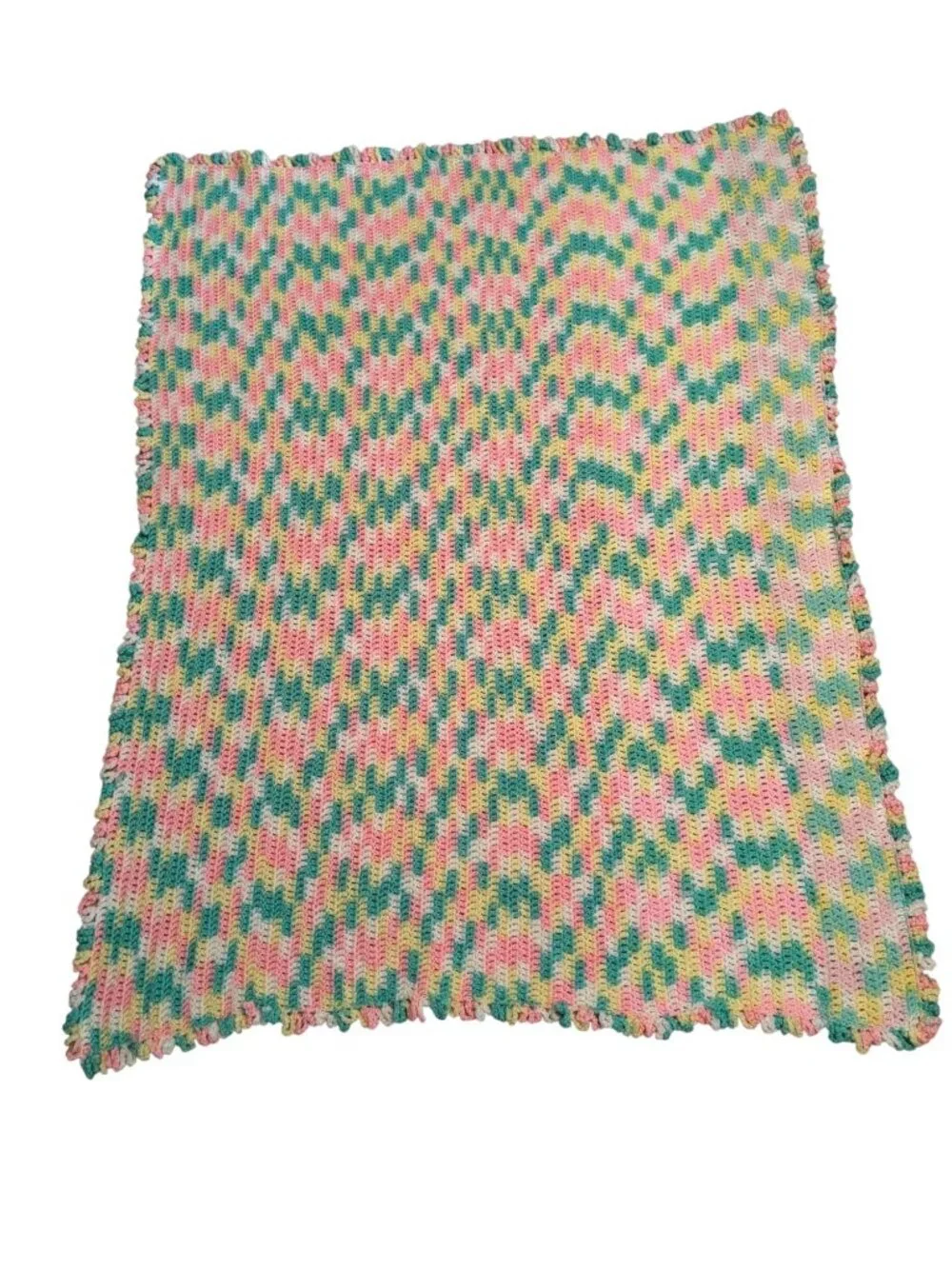 Handmade Multicolored Crochet Baby Blanket With Ruffled Edge Pink Yellow Green &